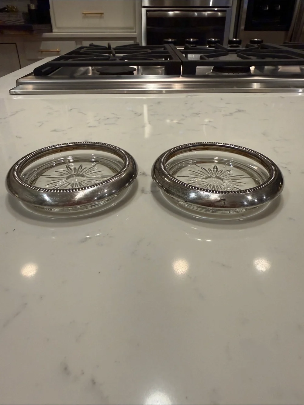 Vintage Leonard Italy Silverplate Glass Coasters Set of 2 Starburst Beaded Rim